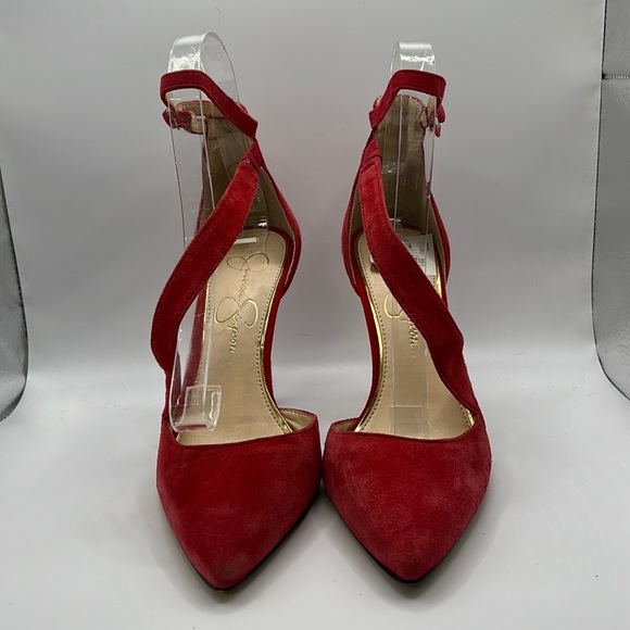 Jessica Simpson Red Strappy High Heels Stiletto Shoes Pumps Suede Leather Ankle - Picture 15 of 15